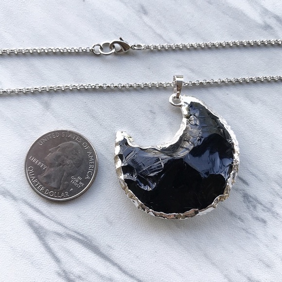 Genuine black obsidian big silver moon necklace - Picture 4 of 7